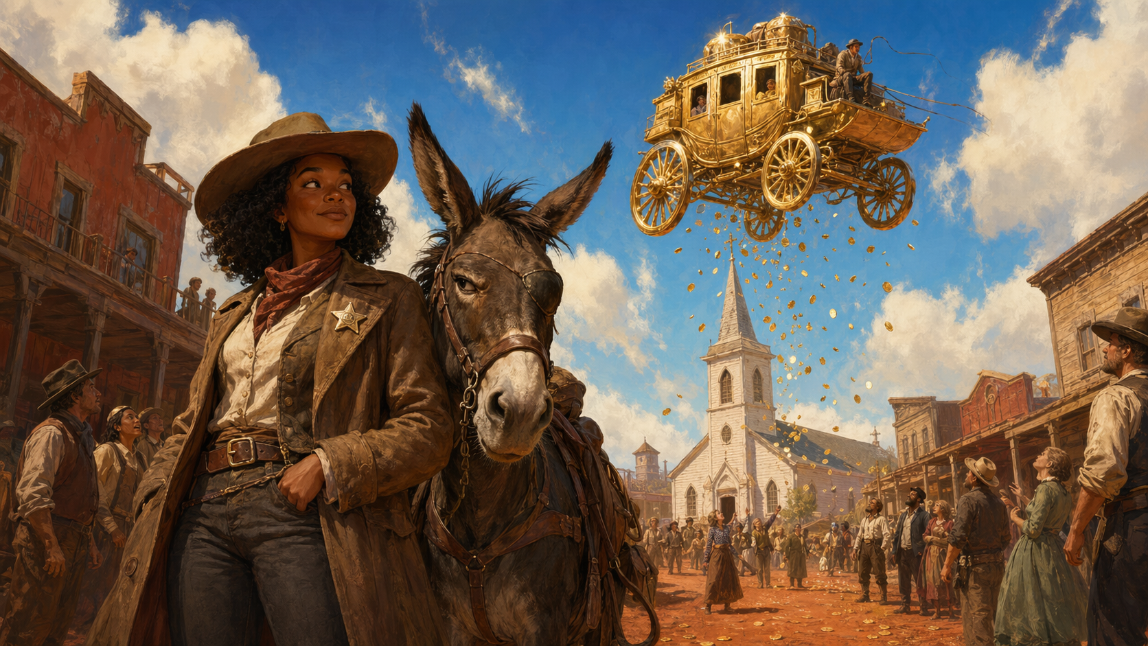Marshal Dust Calloway and Bishop the mule watching a gold stagecoach float above Cinder Flats.