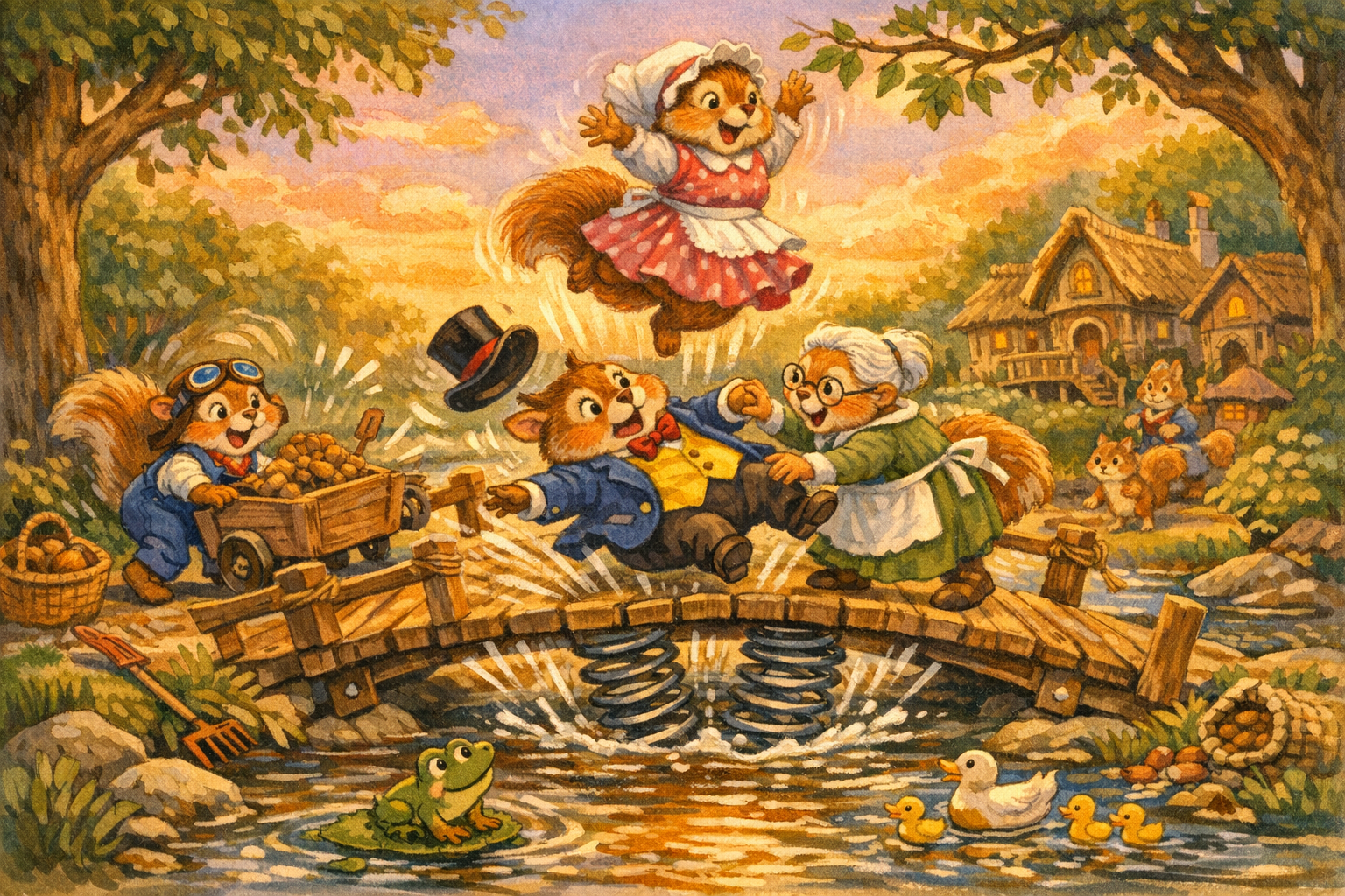 Mama bouncing high from the springy bridge while Grandma steadies the mayor and Tony's cart jolts nearby.