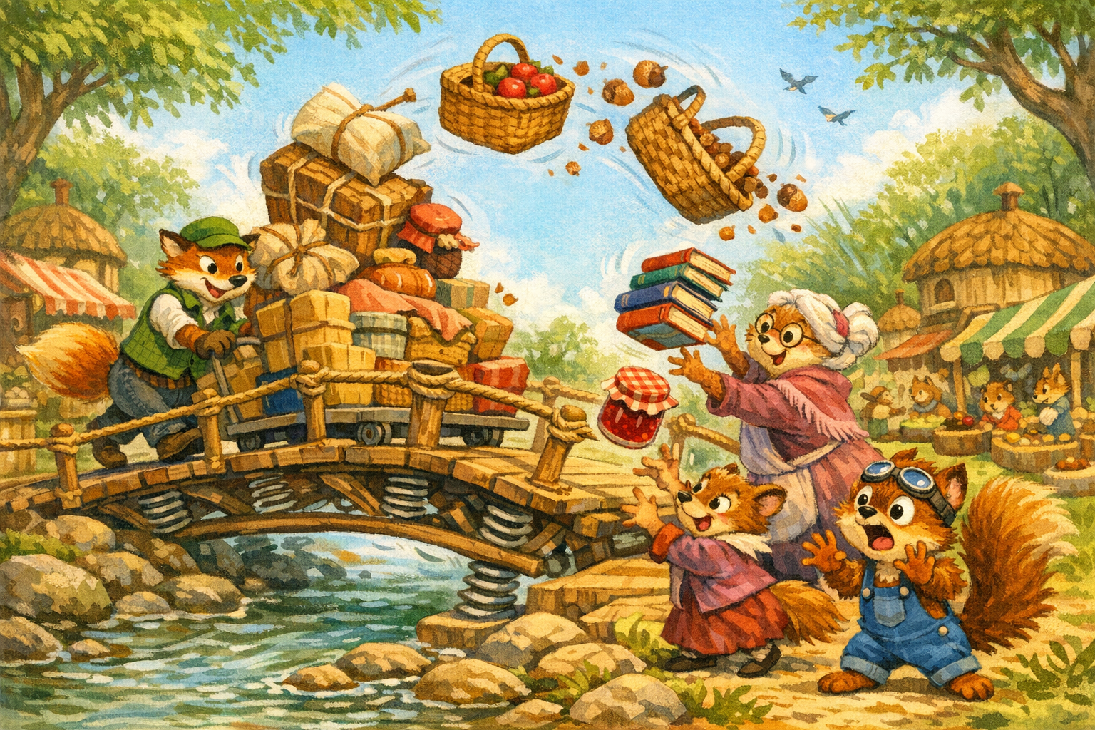 Tony's loaded cart hits the bouncy bridge and baskets and jam fly into the air while Nutville scrambles to catch them.