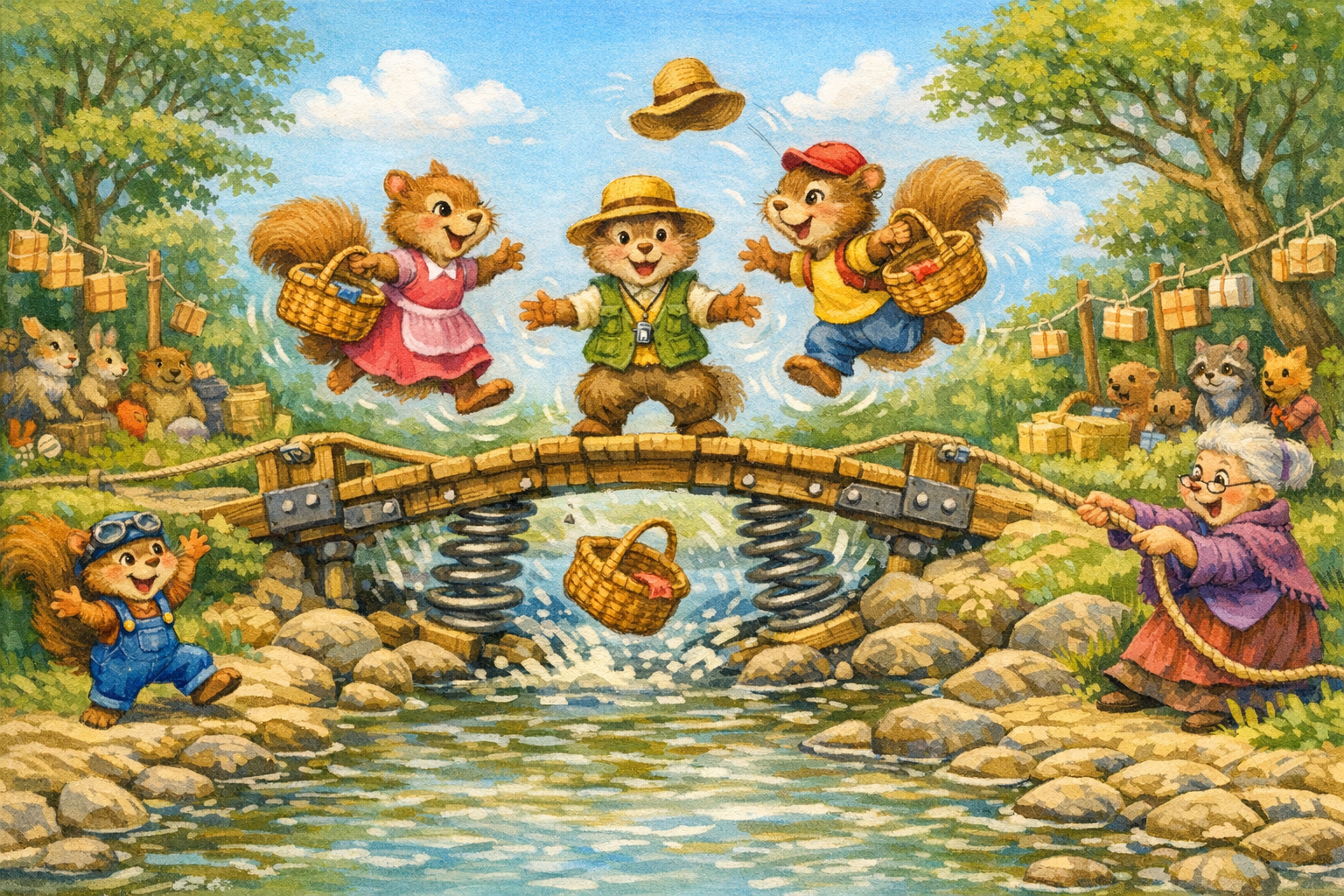 Mama and Tony try the counter-bounce plan across the bridge while Papa balances in the middle and Grandma controls the rescue rope.