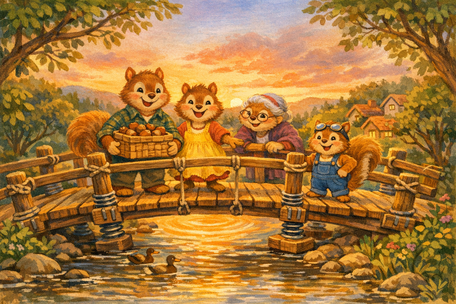 The Nutwobble family enjoys the newly repaired bridge at sunset with just one gentle bounce left.