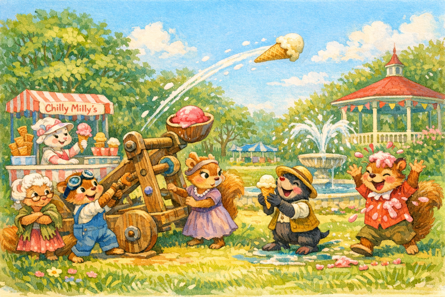 Nutty and Mama launch the first ice cream cone through the park while Chilly Milly and the waiting customers cheer.