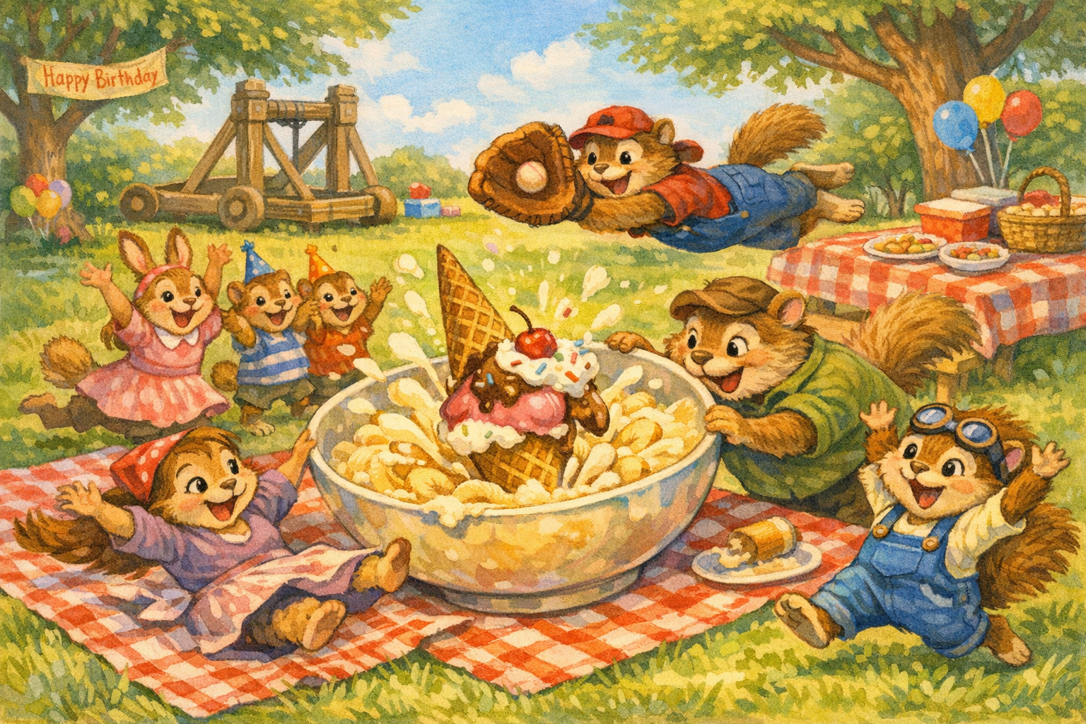 A falling cone drops into the birthday pudding while Hazel Rabbit cheers and everyone realizes the mistake is delicious.