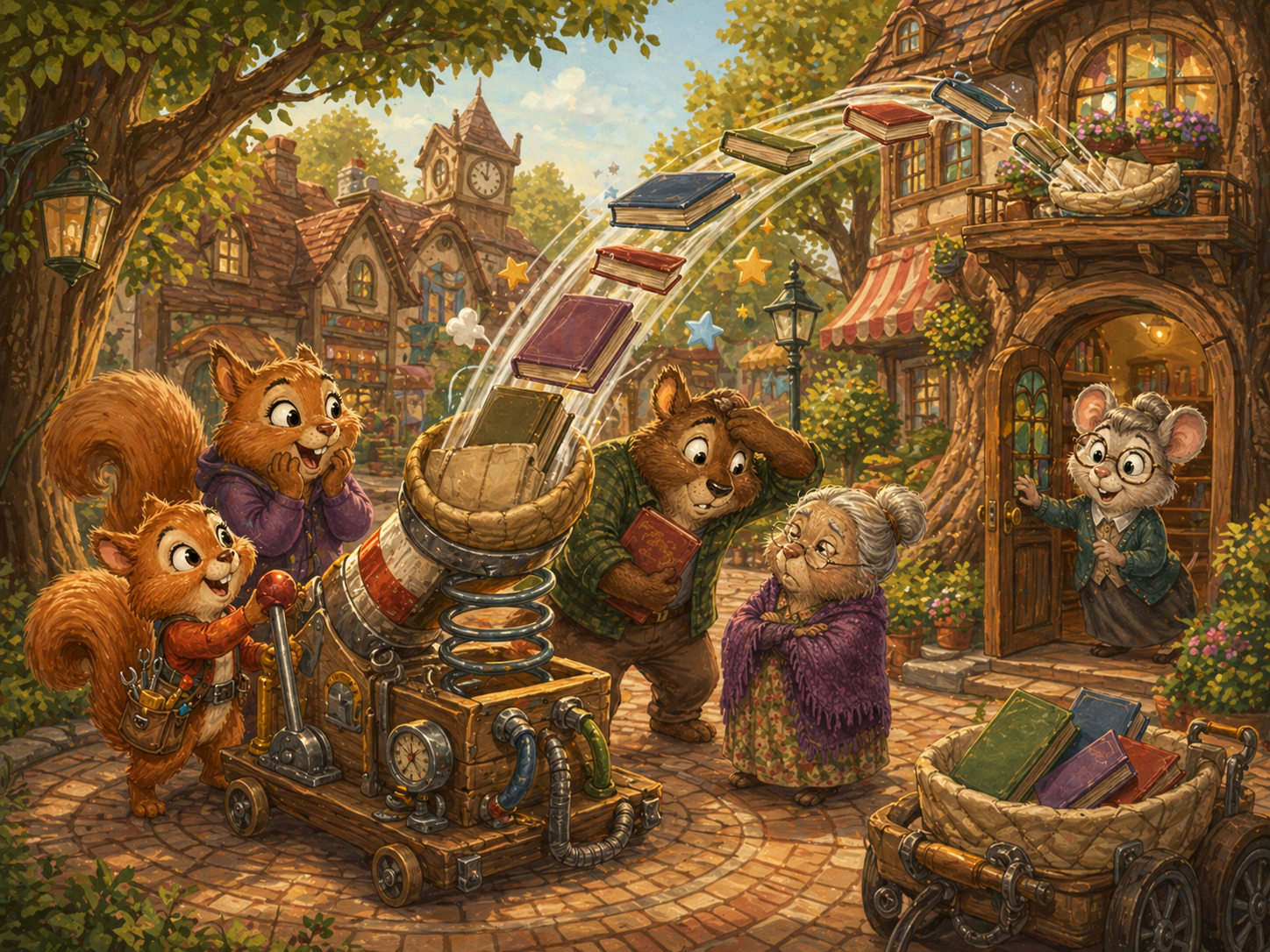 Nutty launches overdue books from a homemade machine toward the Nutville Library basket.