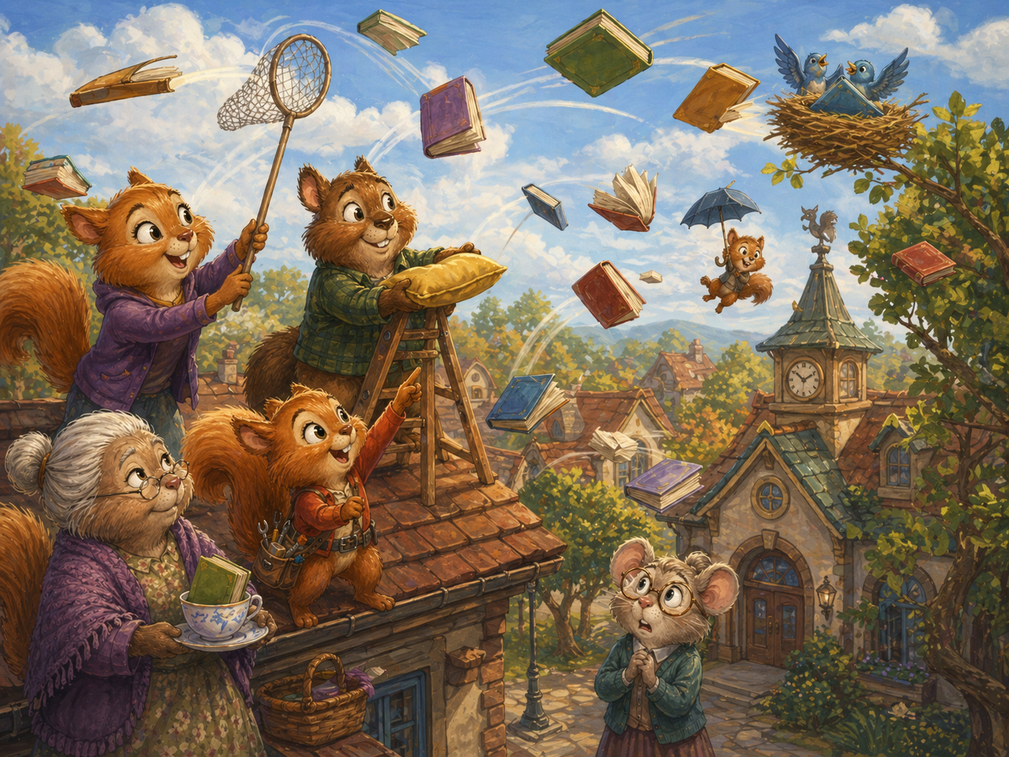 Books arc over Nutville rooftops while the Nutwobbles try to catch them with nets and cushions.