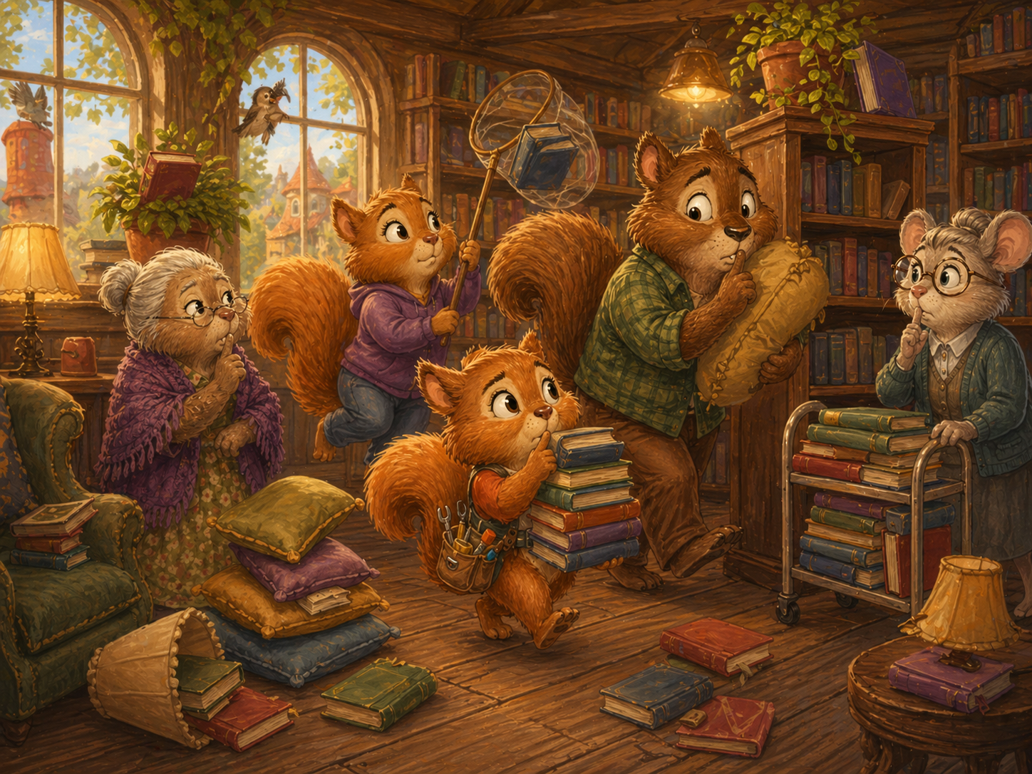 The Nutwobbles tiptoe through the library gathering scattered books as Miss Maple watches for quiet.