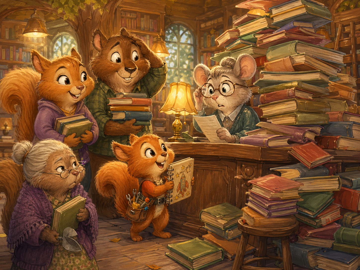 Nutty pitches a book rocket at the Nutville Library desk while overdue books tower around Miss Maple.