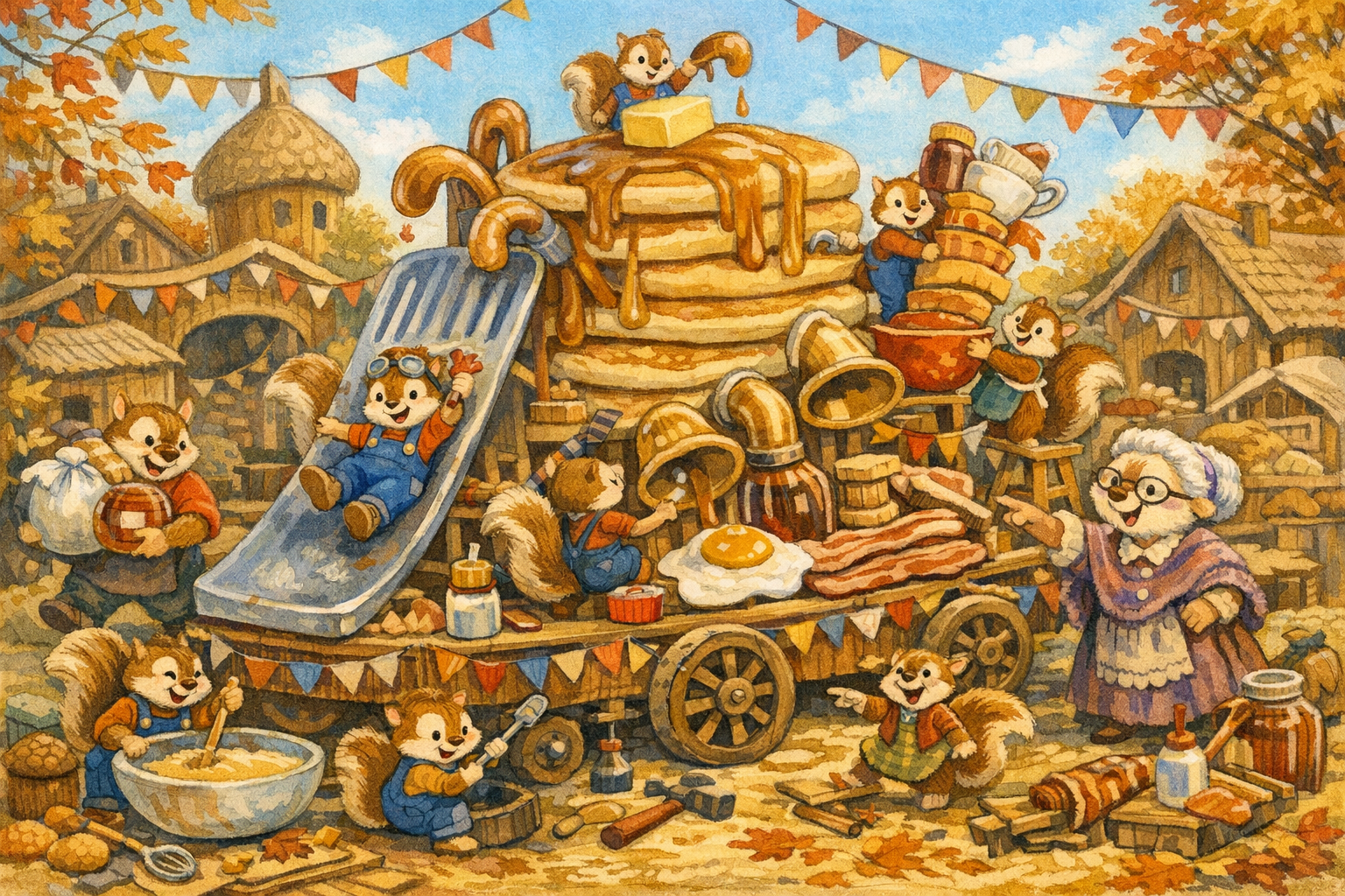Nutty and the townsfolk build the giant pancake parade float amid tools, decorations, and breakfast parts.