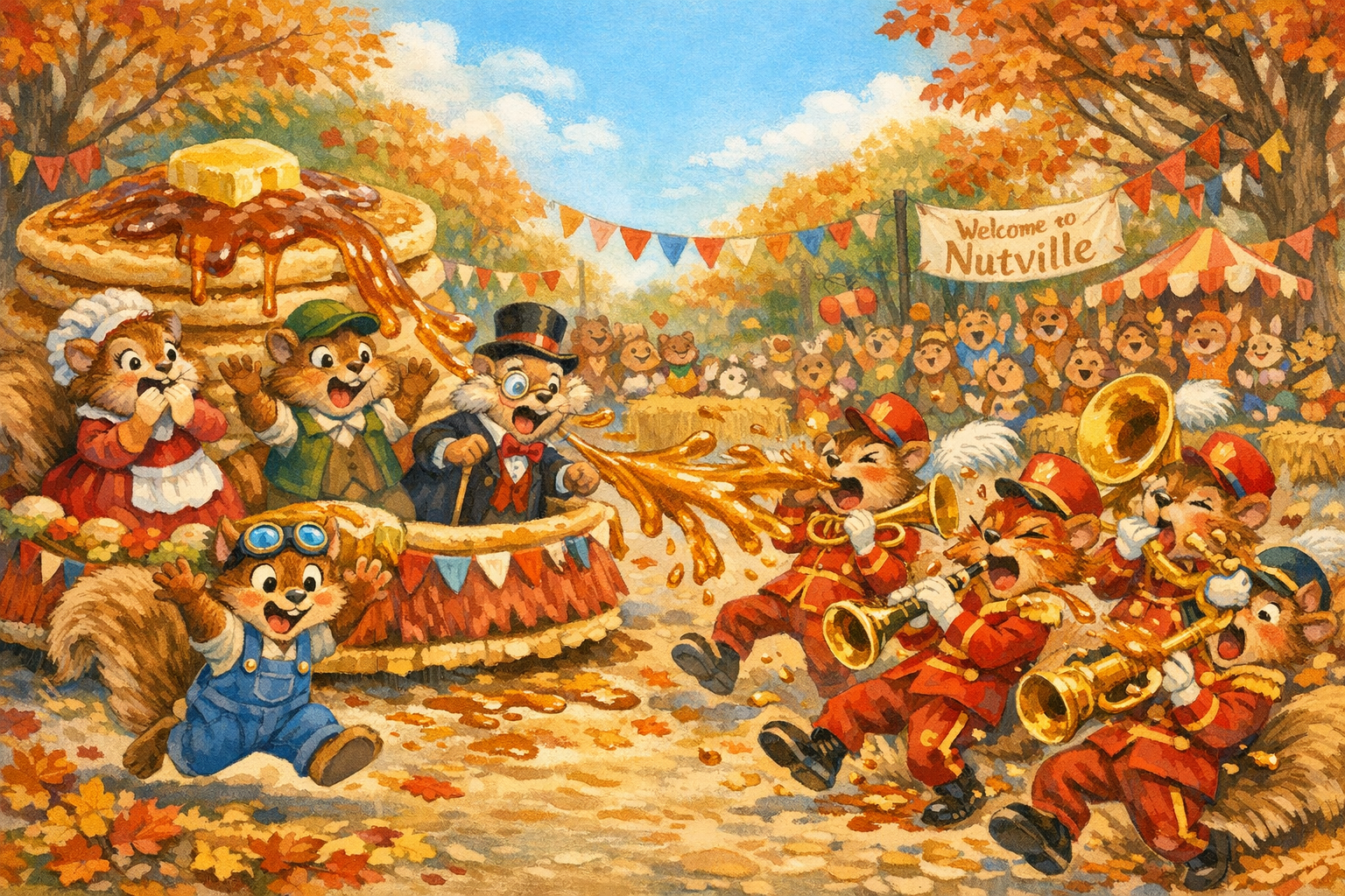 The pancake float rolls through the parade as syrup splashes toward the marching band and the crowd gasps.