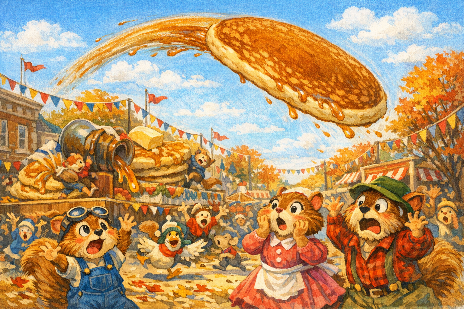 A giant pancake launches high above the parade route while Nutville watches in comic amazement.
