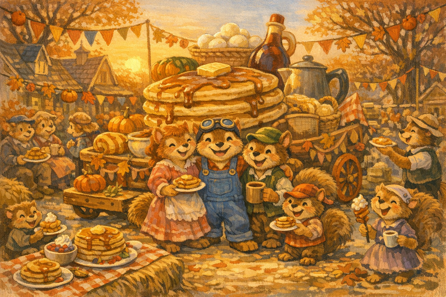 Nutville celebrates around the pancake float after the parade in the golden evening light.