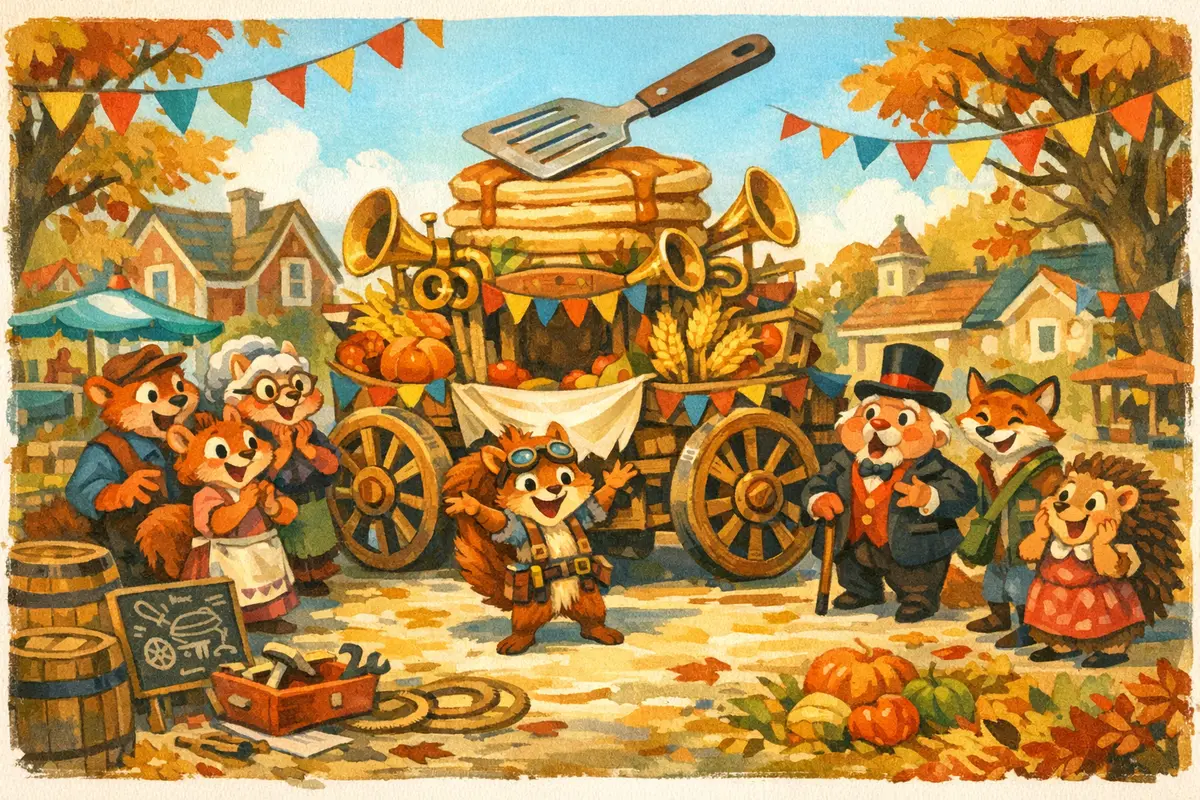 Nutty and the Nutville townsfolk unveiling a parade float with a giant pancake flipper.