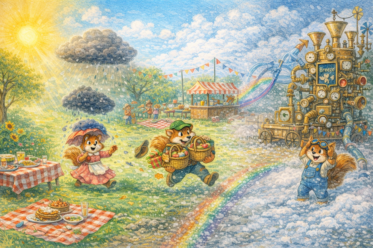 Mama races through the mixed weather zones while a tiny rain cloud follows her across the picnic field.