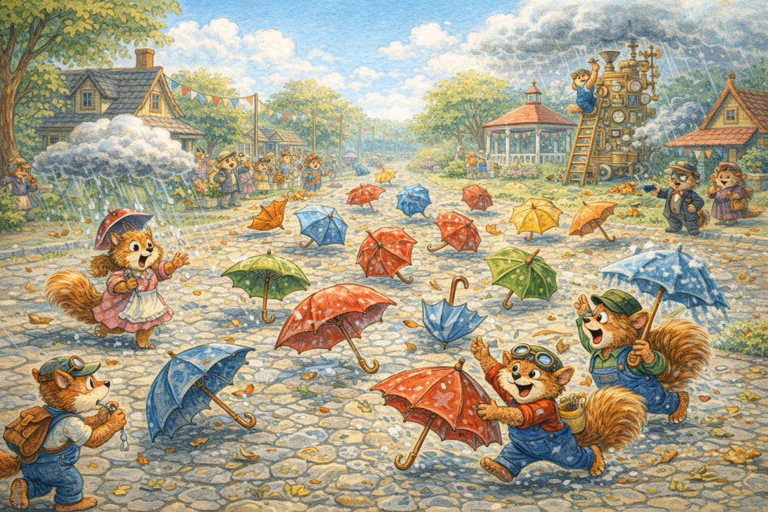 A stampede of open umbrellas rolls through town while Nutty climbs to shut down the weather machine.