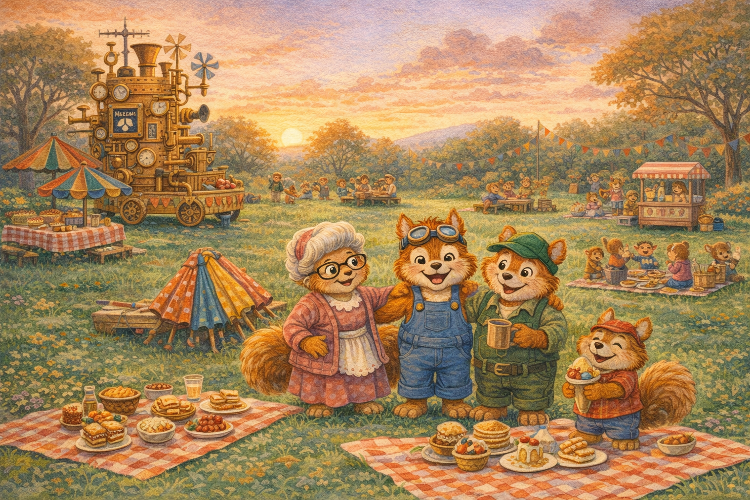 The town enjoys a calm evening picnic after the weather machine is shut down.