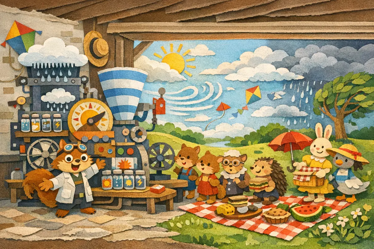 Nutty showing off the Weather Wobble Machine while picnic supplies and mixed weather swirl around the workshop.