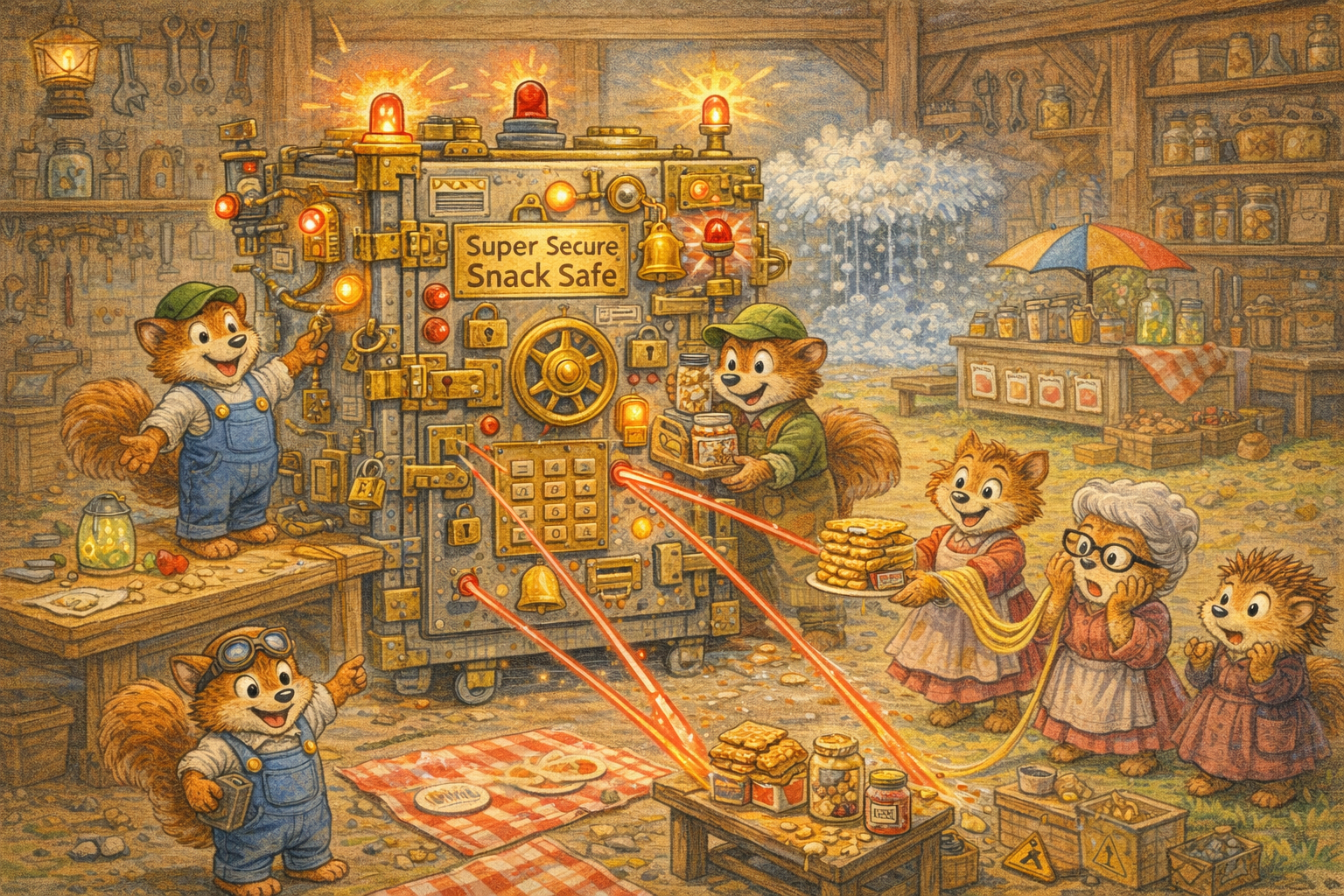 The Super Secure Snack Safe fills the workshop with locks, bells, flashing lights, and spaghetti lasers.