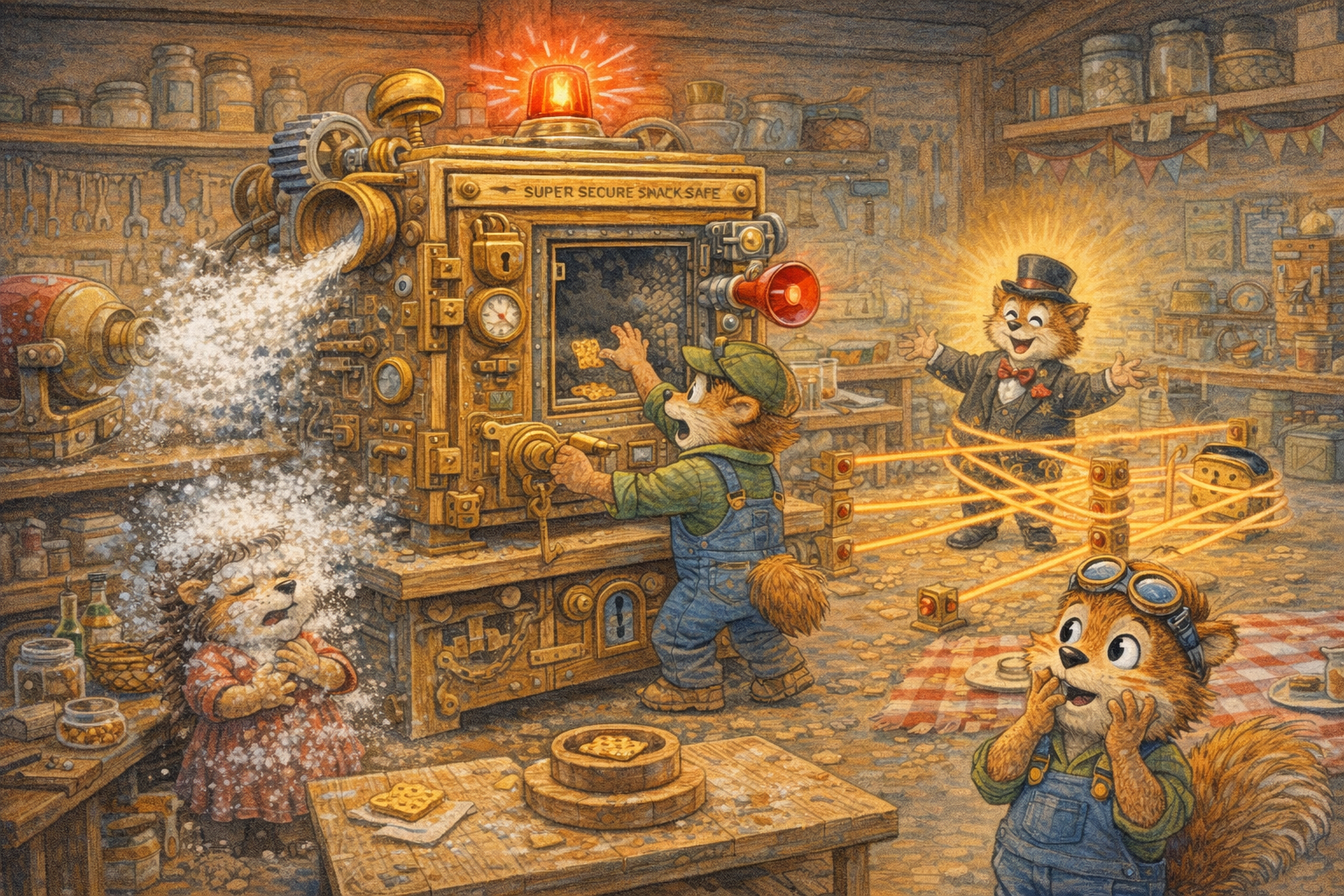 Papa tries to get one cracker while the snack safe's flour cannon and spaghetti security system cause fresh trouble.