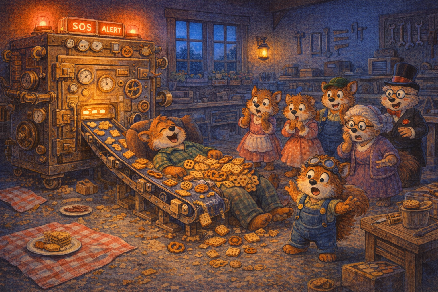 Sleeping Papa receives a secret stream of crackers and cookies from the snack safe's conveyor belt.