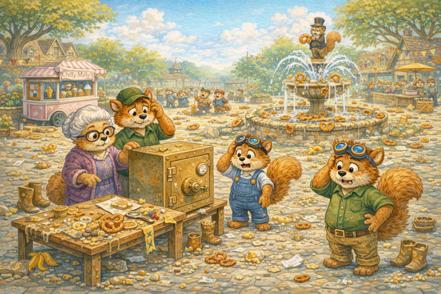The family inspects the snack safe and evidence table in the town square after the overnight snack disaster.