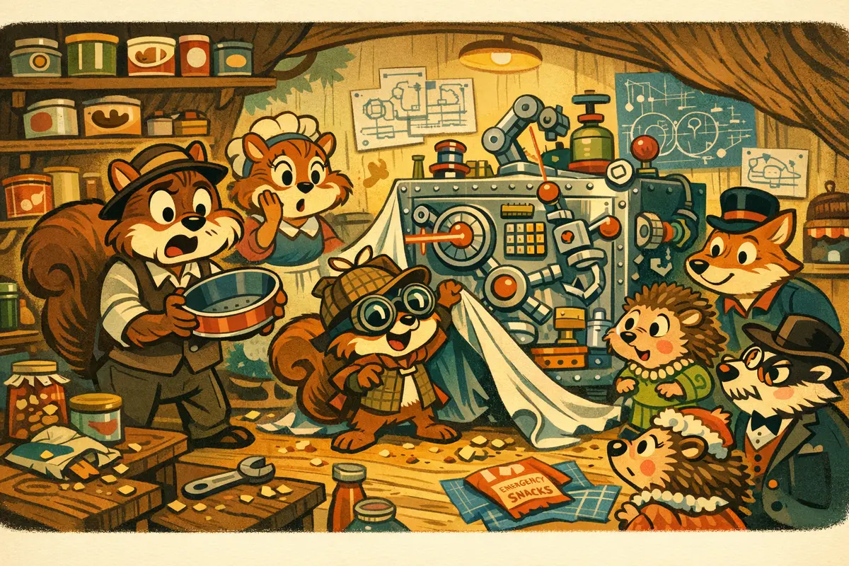 Papa Nutwobble, Nutty, and the townsfolk gathered around an empty snack tin and an absurdly secure snack-safe design.