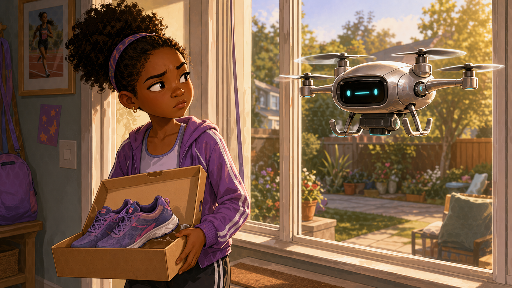 Mira holding a box of new running shoes while a small delivery drone hovers outside her bedroom window.