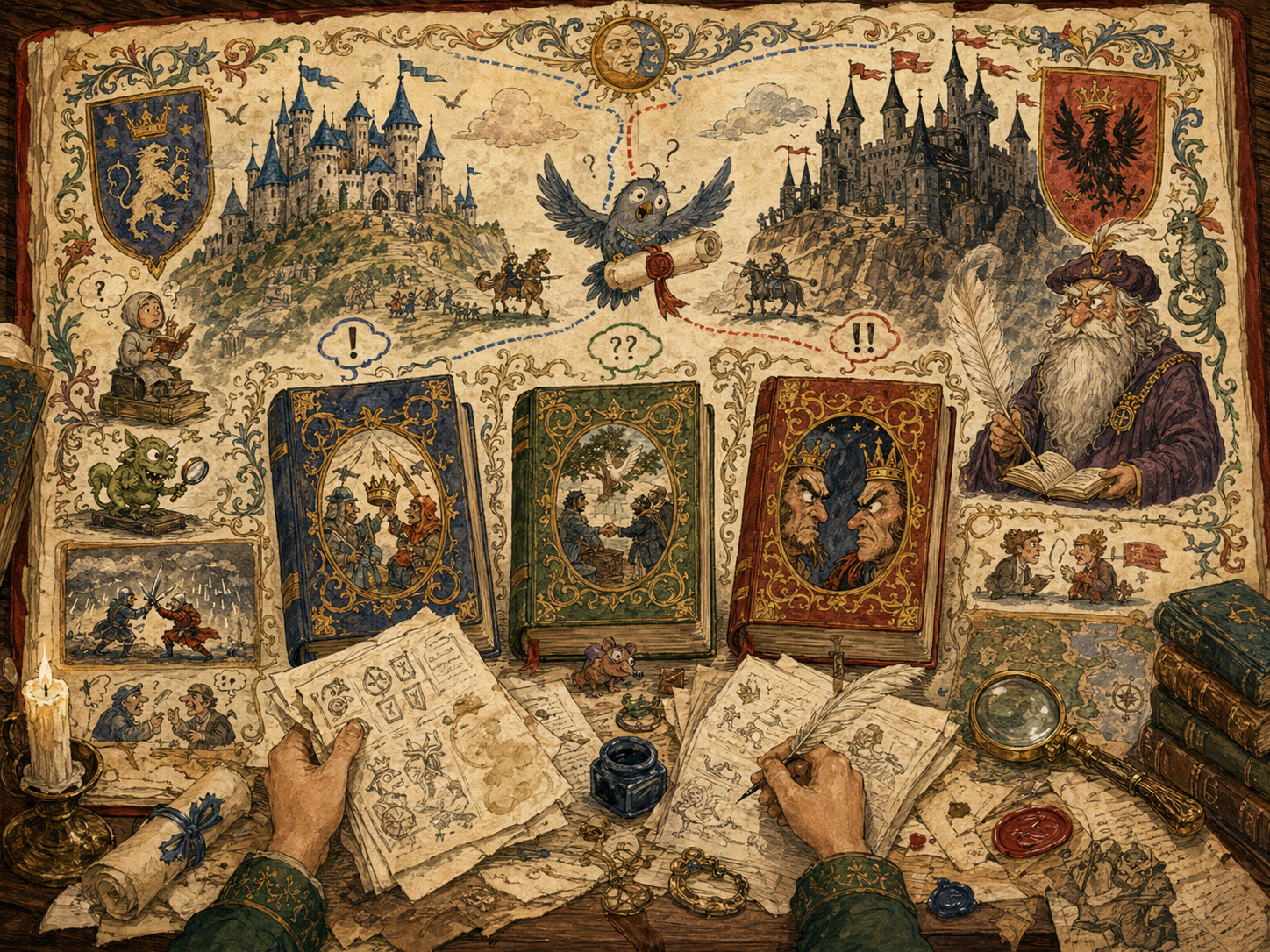 An illuminated manuscript spread shows contradictory histories, rival castles, and a confused messenger bird.